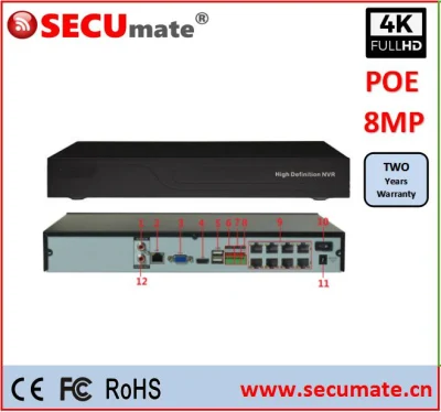 16CH Poe NVR 8MP H. 265 Network Video Recorder Audio Onvif P2p Remote View HDMI